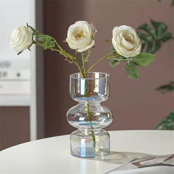 JSPYFITS Glass Hydroponic Flower Vase, 7 Inches Colored Glasses Bubble Vase for Flower, Three-Layer Glass Funky Vases for Home/Office/Weddings/Party Table Flowers Decor (Iridescent Clear)