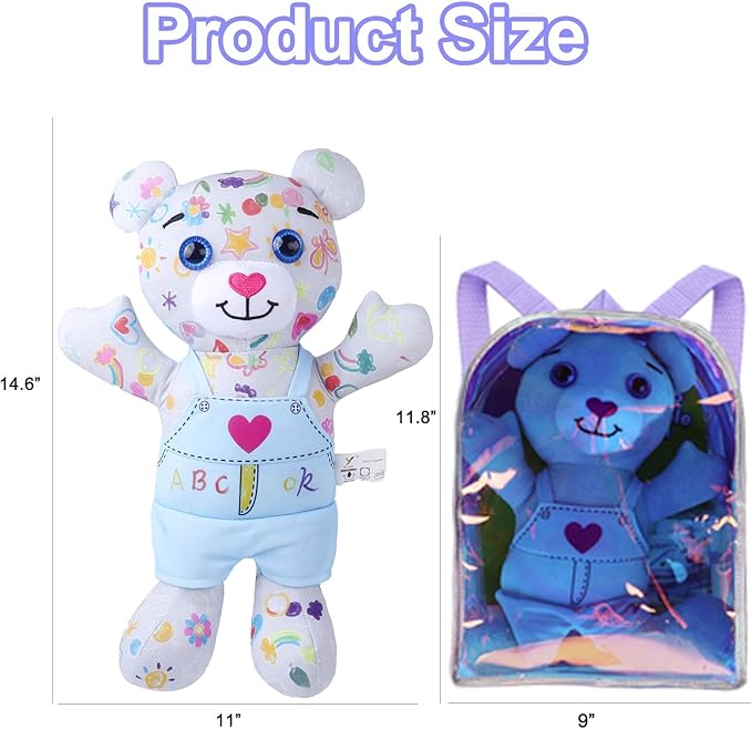 Stuffed Animal Coloring Plush Toy with 20 Washable Markers Laser Holographic Backpack Road Trip Car Game Writing Painting Set for Girls Doodle Dolls Kids Ages 3-6 Birthday(Blue Bear)