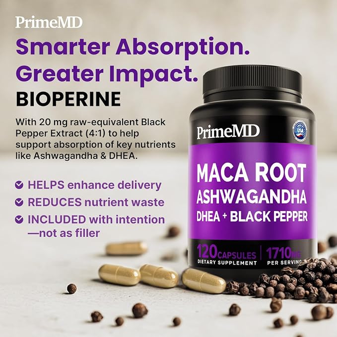 6-in-1 Organic Maca Root Ashwagandha Capsules 1710mg with DHEA and Black Pepper Fruit Extract for Women and Men - Black Maca Supplement for Stamina, Bone and Mood Support Supplement, 120ct (Pack of 3)