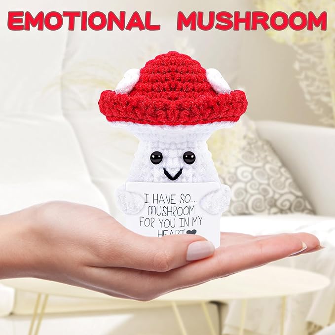 Hoedia Handmade Emotional Pickle Gift, Cucumber Crochet Doll Inspirational Gifts with Cards, Cute Knitted Funny Support Pickle Potato Friend Birthday (Emotional Mushroom)