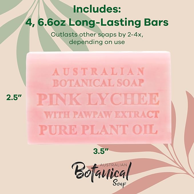 Australian Botanical Soap Pink Lychee with Pawpaw Extract – Triple Milled 6.6 oz Bar Soap with Shea Butter, Face Hand & Body Soap Bars, Pack of 4