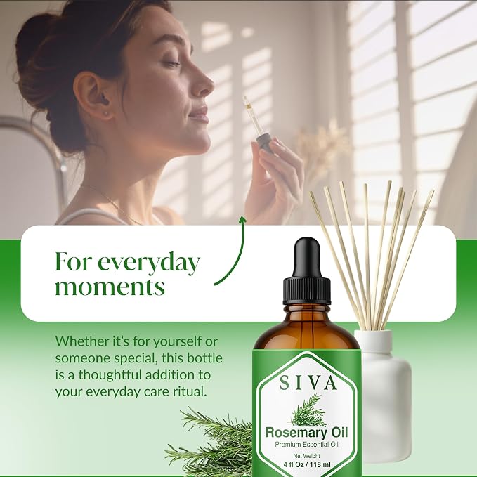 Siva Rosemary Essential Oil 4 Fl Oz – for Diffuser, Skin & Hair Care – Ideal for Massage & DIY Blends- with Dropper