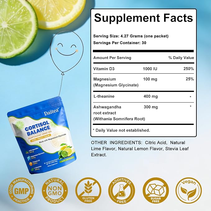 Cortisol Calm Drink Mix with Magnesium Glycinate Powder, L-Theanine, Vitamins, and Ashwagandha for Relaxation & Focus | Adaptogen Drink & Cortisol Support | 30 Packets (Lemon & Lime Flavor)