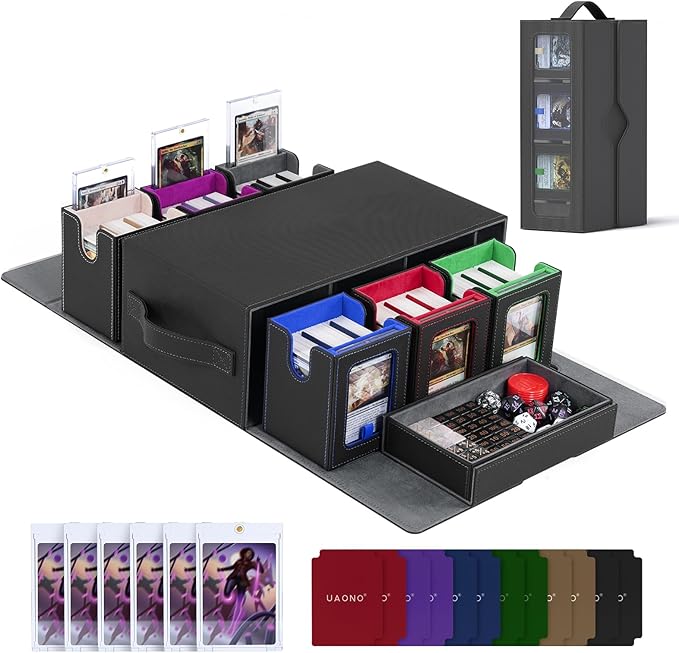 UAONO Commander Deck Box for MTG, 6-Deck Modular Card Case with Dice Tray Hold 600+ Double-sleeved Cards, Removable Trading Cards Storage Box with 35PT Magnetic Card Holders for TCG, Multicolour