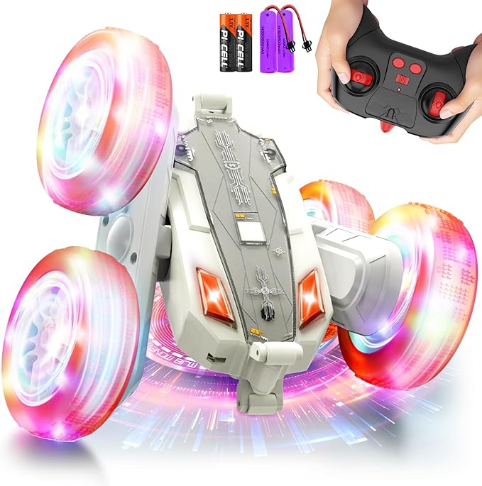 Remote-Control-Car-Stunt-RC-Car, New Upgraded 2.4Ghz 4WD Double-Sided 360° Rotating RC Crawler with Headlights & Wheel Lights, RC Truck Toy Cars Gift for Kids Boys and Girls Aged 6-12