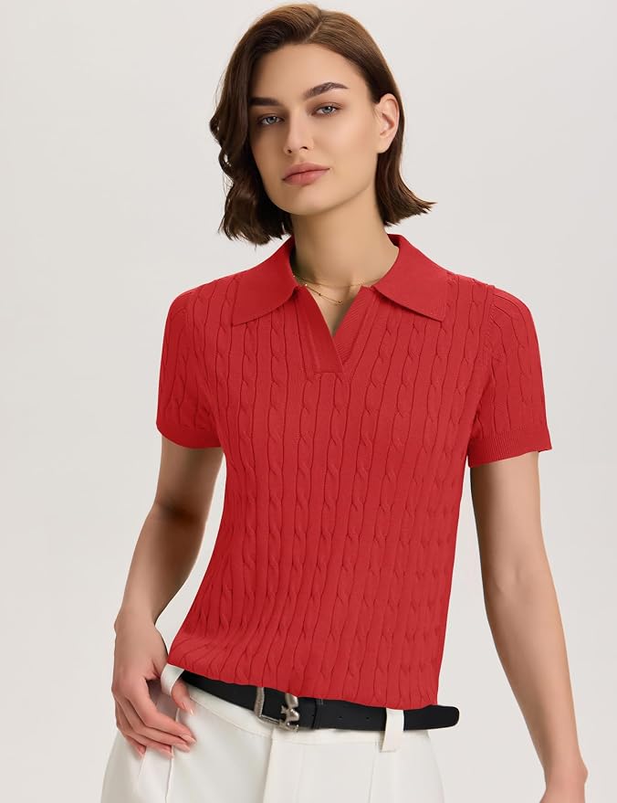 Micoson Womens Short Sleeve Sweater Tops Lapel V Neck Polo Shirts 2026 | Summer Cable Knit Loose Blouses, Business Casual Outfits