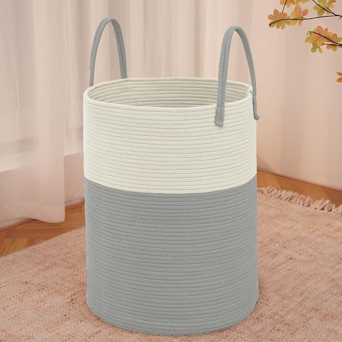 JMvicyroam 100L Cotton Rope Laundry Basket Hamper, White and Grey | Collapsible laundry basket, reinforced handles, freestanding, machine washable, holds 3-5 thick blankets, clothes or toys