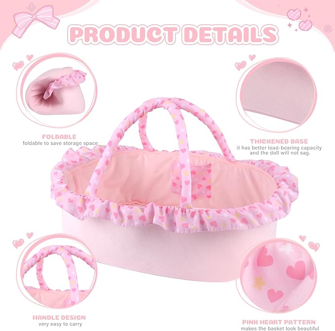 BABESIDE 8 Pcs Reborn Baby Doll Clothes with Bassinet for 17-22 Inch Babydolls, Reborn Baby Doll Accessories and Baby Dolls Clothes fit Newborn Baby Dolls Girl, Pink