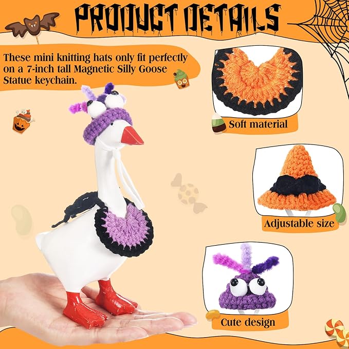 Geyoga 6 Pcs Mini Desk Goose Outfits 7 Inch Mini Knitting Hat and Bandana Knitting Desk Goose Headwear Bibs Accessory for Magnetic Statue Table Decor Gifts (Spooky Style)