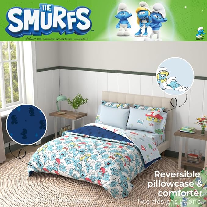 The Smurfs Kids Bedding Super Soft & Cozy Reverisble Microfiber Comforter and Sheet Set with Sham, 7 Piece Queen Size, (Officially Licensed Product) By Franco