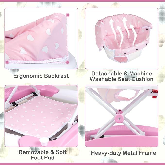 BABY JOY 6-in-1 Baby Walker, Foldable Baby Walker with Wheels, Adjustable Height, Music, Lights, Bouncer & Rocker Mode, Baby Walkers for Boys Girls 6-14 Months (Pink)