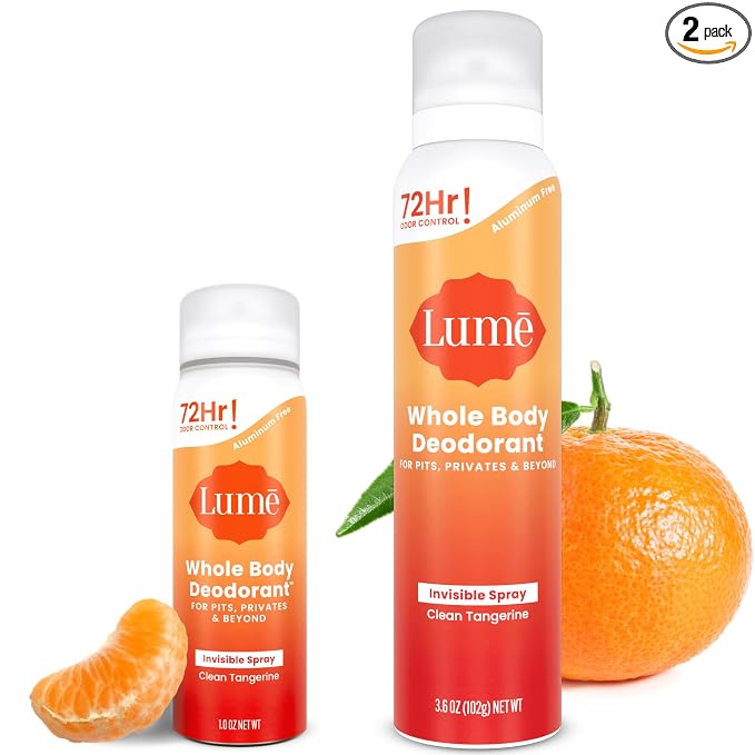 Lume Invisible Spray Deodorant For Women Two Pack - Full Size & Mini Whole Body Deodorant Spray - 72 Hr Odor Control - Aluminum & Baking Soda Free - 2 Piece Bundle - 3.6 oz & 1.0 oz (Clean Tangerine)
