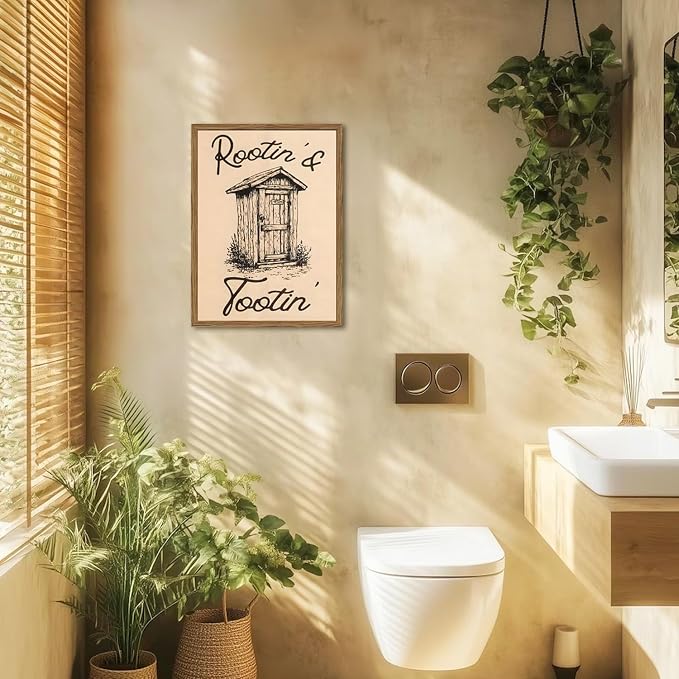 Cute Western Bathroom Wall Art Vintage Southwest Rustic Restroom Wall Decor Painting, Western Cowboy Ranch Toilet Rootin Tootin Poster Canvas Print Picture 16x24 inch Wood Framed
