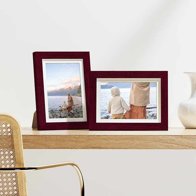 Vittanly 5x7 Picture Frames Set of 9 for Wall Mount & Tabletop, Cherry Red | Display Pictures 4x6 with Mat or 5x7 without Mat, Small Photo Frames, Engineered Wood with Shatter Resistant Plexiglass