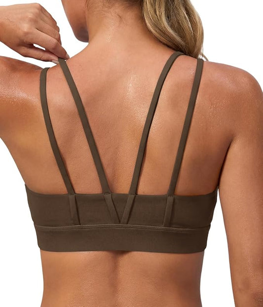 Aoysky Sports Bras for Women Buttery Soft Strappy Padded Sports Bra Double Spaghetti Straps Wireless Yoga Workout Crop Tops