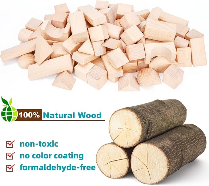 Kids Wooden Blocks - 100 Pcs - Building Blocks for Toddlers - Natural Beech Wood Blocks - Preschool Learning Toys Stacking Block