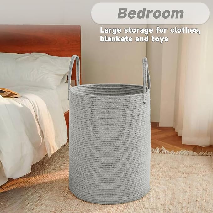 JMvicyroam 100L Cotton Rope Laundry Basket Hamper, Grey | Collapsible laundry basket, reinforced handles, freestanding, machine washable, holds 3-5 thick blankets, clothes or toys