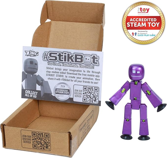Zing StikBot Single Pack - Includes 1 StikBot - Collectible Action Figures and Accessories, Stop Motion Animation, Ages 4 and Up (Metal Eggplant)