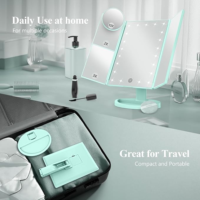 HUONUL Makeup Mirror, Vanity Mirror with Lights, 2X/3X/10X Magnification, Touch Control, Trifold Mirror, Dual Power Supply, Valentines Day, Gifts for Women, Wife, Mom, Teengirls