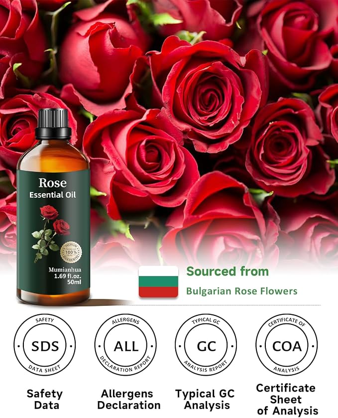 Rose Essential Oil, Floral Scent, Diffuser, Skin & Hair Care, 1.69 Fl Oz | Mumianhua Rose Oil, Steam-Distilled. Rich, Romantic Floral. For Face, Hair, Massage, Perfume & DIY