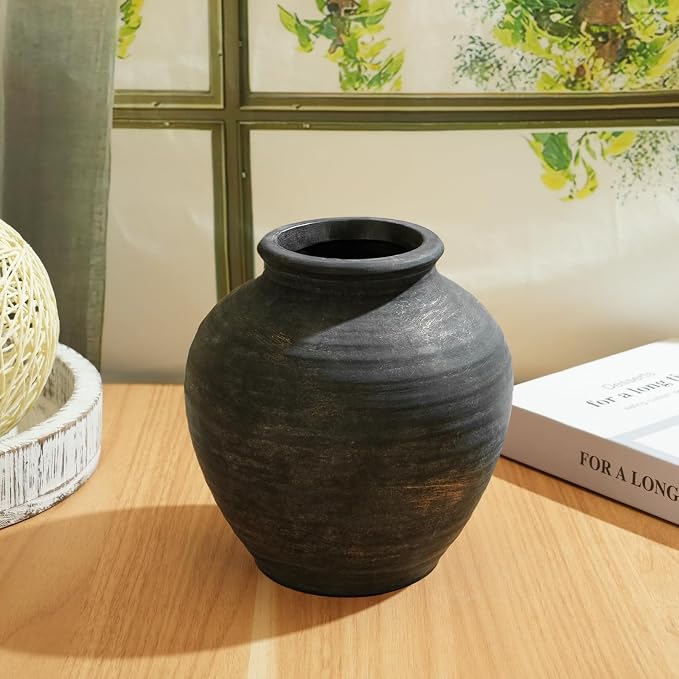 Ceramic Flower Vase Home Decor, 6.2 inch Farmhouse Rustic Vintage Decorative Vases, Pottery Terracotta Boho Flowers Vases for Dining Table, Living Room, Shelf, Kitchen, Bedroom (6.2"-Bronze)