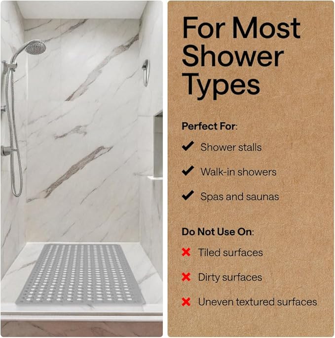 GORILLA GRIP Patented Square Shower Stall Mat, Small Bathtub Floor Mats for Stand Up Showers, Suction Cups and Drainage Holes, Machine Wash, Soft on Feet, Bathroom Accessories 21x21 Inch, Gray Opaque
