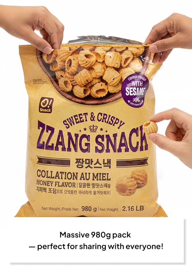 Korean Food O!Snack Honey Sweet Sesame Crispy Snack Family Pack 2.16 lb | Sweet and crispy honey-flavored snack with sesame in a large 2.16 lb family pack, perfect for sharing.