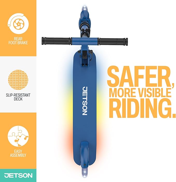 Jetson Jupiter Kids 2-Wheel Light-Up Kick Scooter, LED Lights on Handlebar, Stem, Wheels & Deck, Adjustable Handlebar, Rear Brake, Easy-Folding Mechanism, Ages 5+