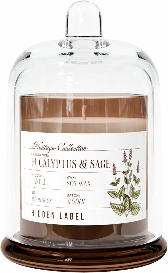 Hidden Label Eucalyptus & Sage Candle, 10oz Soy Bell Jar, 55H Aromatherapy | 60 Hours Burn | Mountain Fresh Essential Oils | Non Toxic Plant Wax | Clear Glass Dome Home Decor | Focus & Wellness Gift