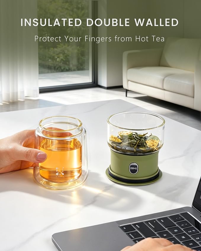 ZENS Modern Glass infuser Teapot, Small One Touch Tea Maker for Loose Tea Diffusers with 200ml Insulated Cup and Army Green Portable Carry Case, Magic Gongfu Tea Pot for Tea Lovers Gifts
