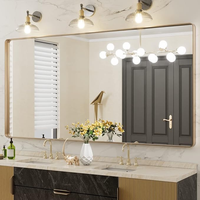 LOAAO 72"X36" Gold Bathroom Mirror | Rounded Rectangle, Brushed Gold Frame, Wall-Mounted, Anti-Rust, Tempered Glass, Hangs Horizontally or Vertically