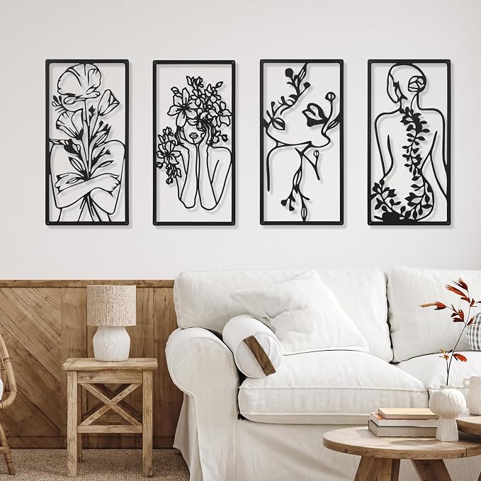 Cindeer 4 Pcs Metal Wall Art Decor Minimalist Abstract Woman Wall Art Line Drawing metal line art Home Hanging Art Decor for Bedroom Kitchen Bathroom Living Room(Fresh,Black)