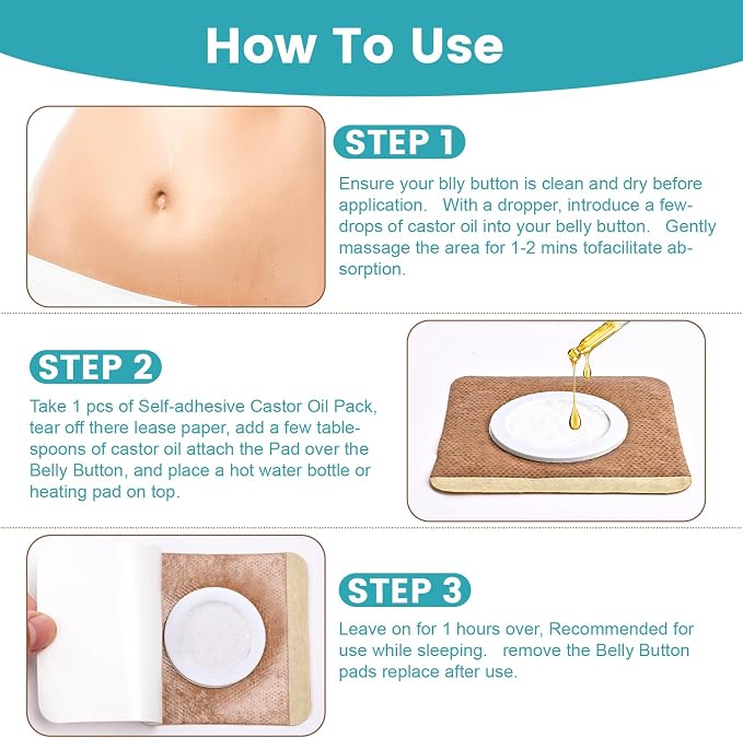 36Pcs Castor Oil Pack Wrap, Organic Cotton Castor Oil Patches for Belly Button, Disposable Self-Adhesive Pads, Portable Anti Leakage No Wash Kit
