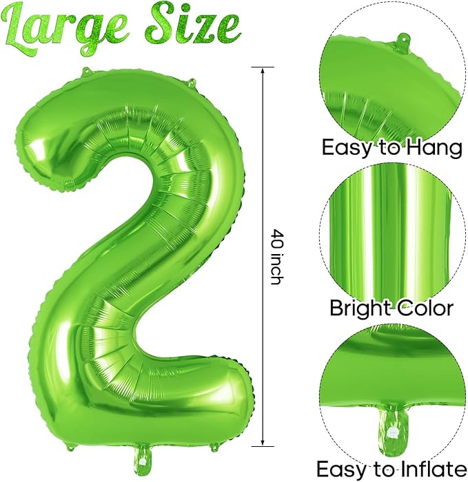 Dinosaur Green Number 2 Balloon, 40 Inch Big Large Foil Helium Green Number Balloon with 4 Pcs Mini Dinosuar, Dinosuar Balloons Set for 2 Year Old Birthday Party Decorations Supplies