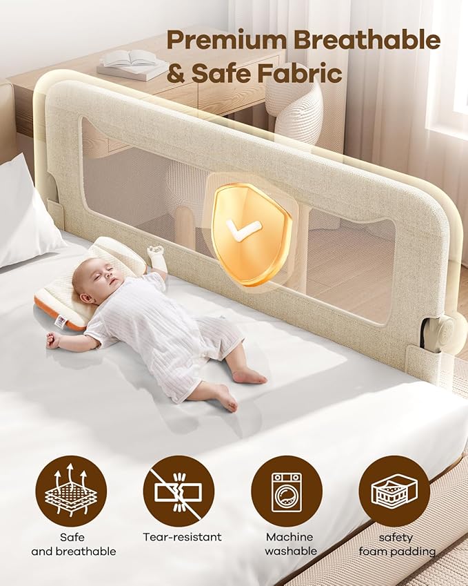 Foldable Bed Rail for Toddlers, 59in Reinforced Carbon Steel Frame&Connectors, Breathable Cationic Fabric, Safety Toddler Bed Rails for Queen, King, Twin, Full, No-Tool Setup.