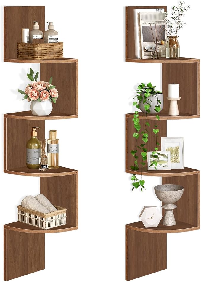 HOOBRO Corner Shelf Wall-Mounted, Set of 2 Floating Corner Shelves for Wall, 4-Tier Corner Bookshelves for Living Room, Bedroom, Bathroom, Home Office, Walnut WL25BJP201