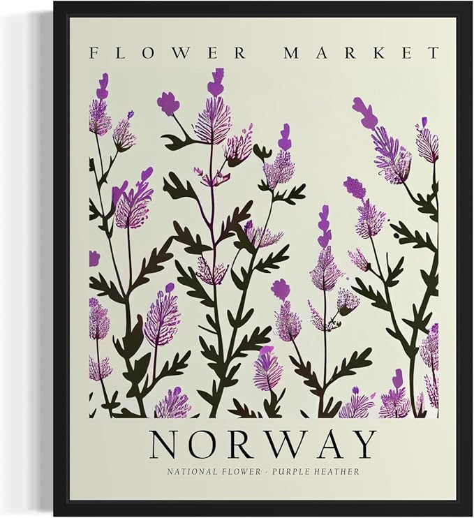 Norway Flower Market Art Print Poster, Wall Art Floral Painting Botanical Decor for Bedroom, Kitchen, Bathroom Livingroom Decoration 82B (Norway, 10"L x 8"W, Black Frame)