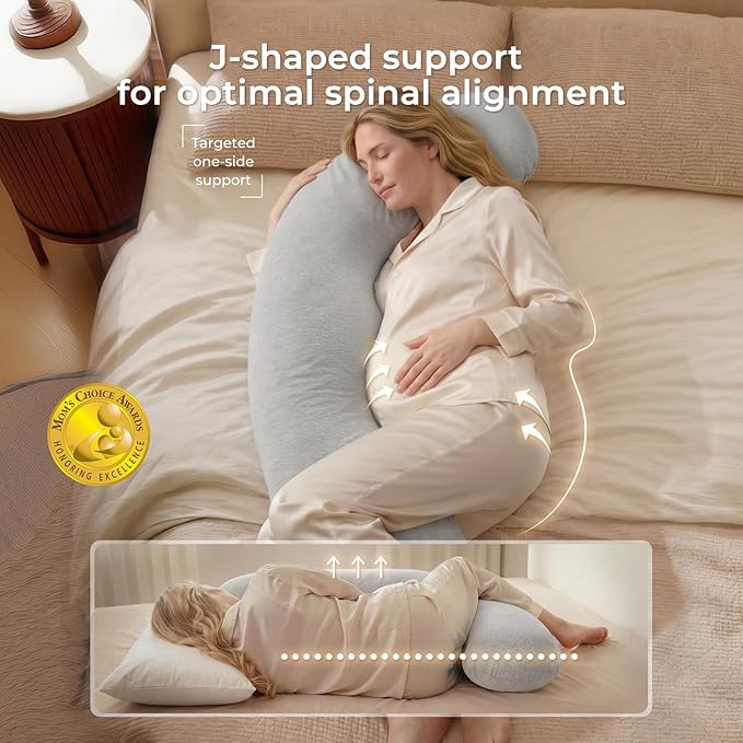 Momcozy Pregnancy Pillows for Side Sleeping, J Shaped Maternity Body Pillow for Pregnancy, Soft Pregnancy Pillow with Cotton Cover for Head Neck Belly Support, Gray