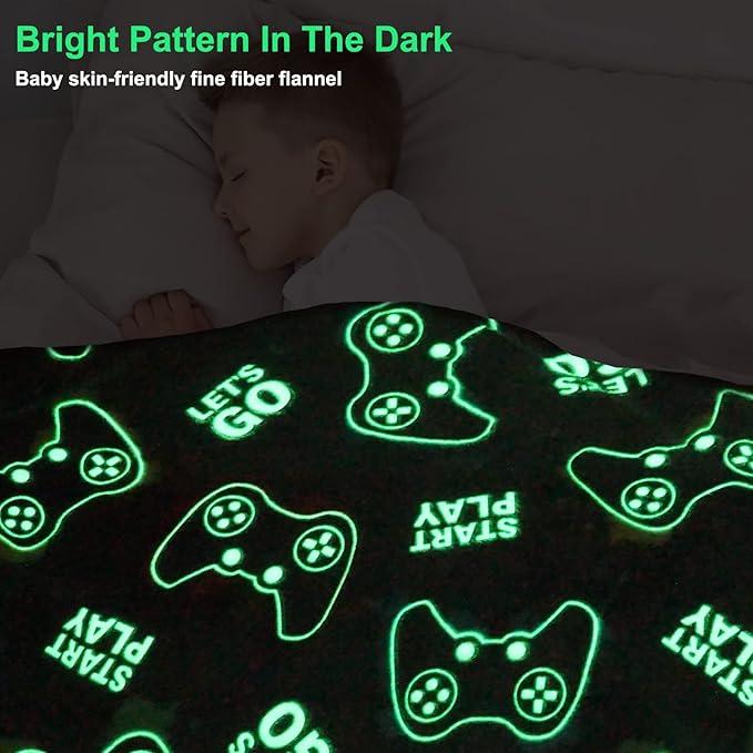 Jekeno Glow in The Dark Gaming Blanket Gamer Game Controller Throw Gift Toys for Kids Boys Teen Son Adults Gamepad Presents Easter Birthday Christmas Bedroom Decor Luminous Blanket Grey 50"x60"