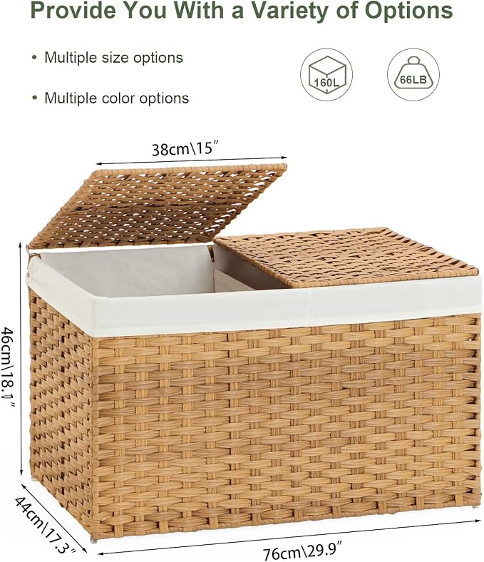 SETVSON Storage Basket with Lid, 2-Lid PE Rattan Storage Bin, Natural | 160L Storage Bin with 2 Separate Lids, 2 Removable Liners for Clothes & Blankets, Sturdy Metal Frame, PE Rattan