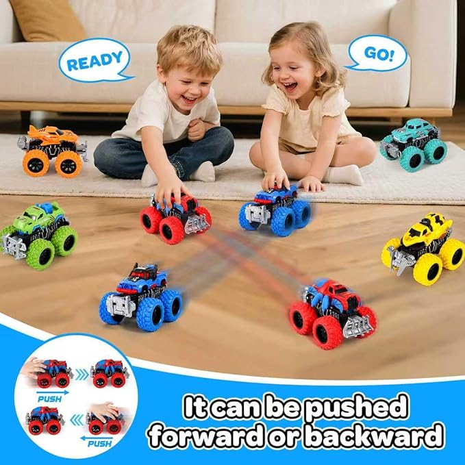SpringFlower Monster Truck Toys for Kids 3-8, 6 Assorted Colors Friction Powered Push and Go Toy Trucks with Double-Direction Running, Ideal Christmas Birthday Gifts for Boys Teens Kids
