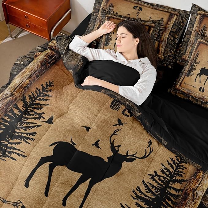 Feelyou Rustic Cabin Deer 7 Piece Bedding Set Full Size Kids Camo Hunting Deer Comforter Set with Sheets for Boys Girls Farmhouse Forest Animal Bed in a Bag Wildlife Room Decor