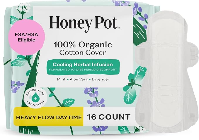 The Honey Pot Company - Herbal Sanitary Pads for Women - Heavy Flow w/Wings - Infused w/Essential Oils for Cooling Effect & Organic Cotton Cover - Feminine Care - 16 ct