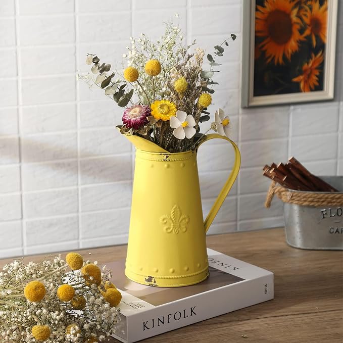 French Style Shabby Chic Vase Metal Flower Vase Vintage Jug Rustic Farmhouse Decor for Home, Yellow