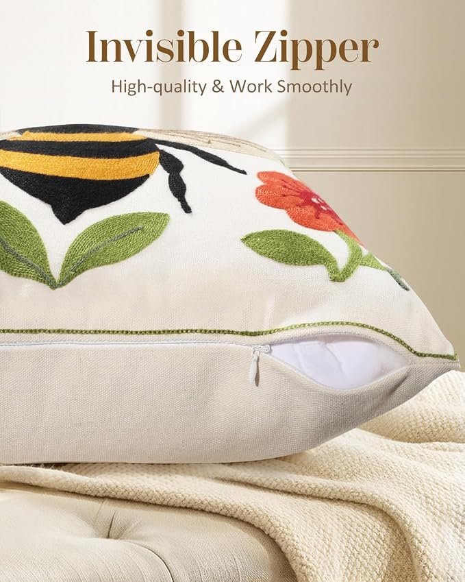 Animal Embroidered Throw Pillow Cover 20x20 Inch, Bee Floral | Decorative Pillow Cover, Farmhouse Cushion Cases with Hidden Zipper, Cottagecore Decor for Couch, Sofa, Living Room