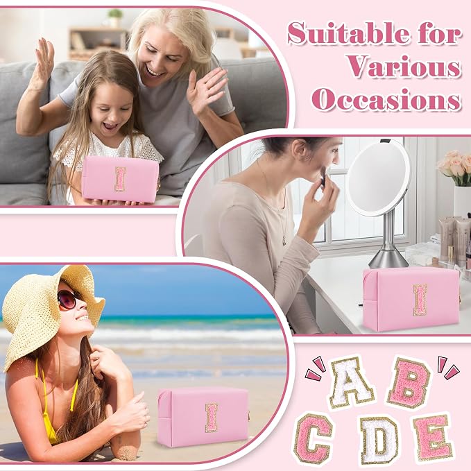 Personalized Initial A-Z Preppy Patch Makeup Bag,Small PU Leather Chenille Letter Cosmetic Bag with Zipper for Teen Girls,Pink Cute Travel Toiletry Bag,Birthday Monogrammed Gift for Daughter,Letter I