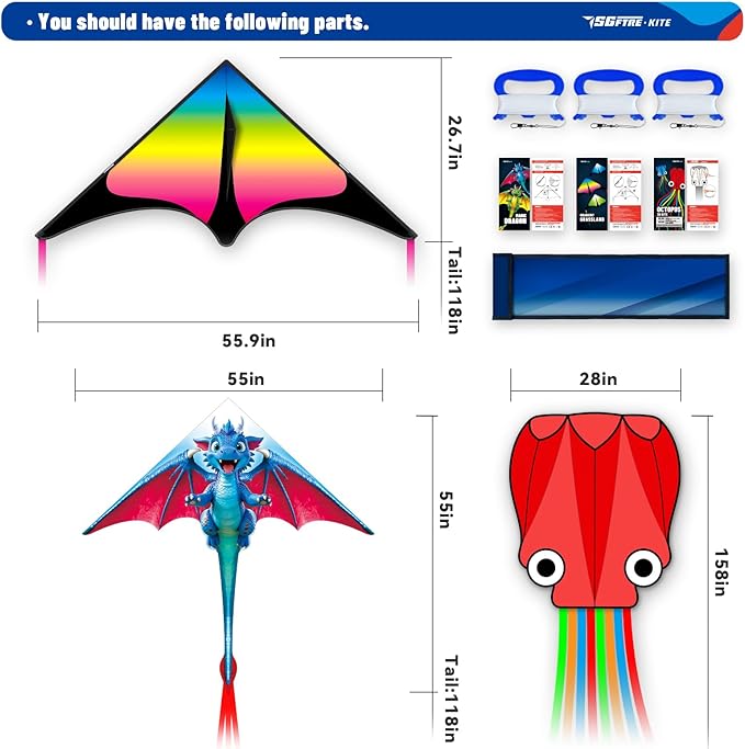 SGftre 3 Piece Set Butterfly Delta Octopus Kites for Kids and Adults，Easy to Fly for Outdoor Adults Children Line Kite for Kids Toy (Blue Dragon+ Delta+Octopus Red, 3)