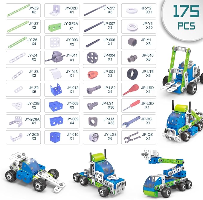 STEM Building Toys for Kids Ages 4-8, 175 Pcs Educational Construction Kit, Building Blocks Set, 18 in 1 Creative Engineering Pull Back Cars, Birthday Gift for Boys & Girls 4 5 6 7 8 9 10 Year Old