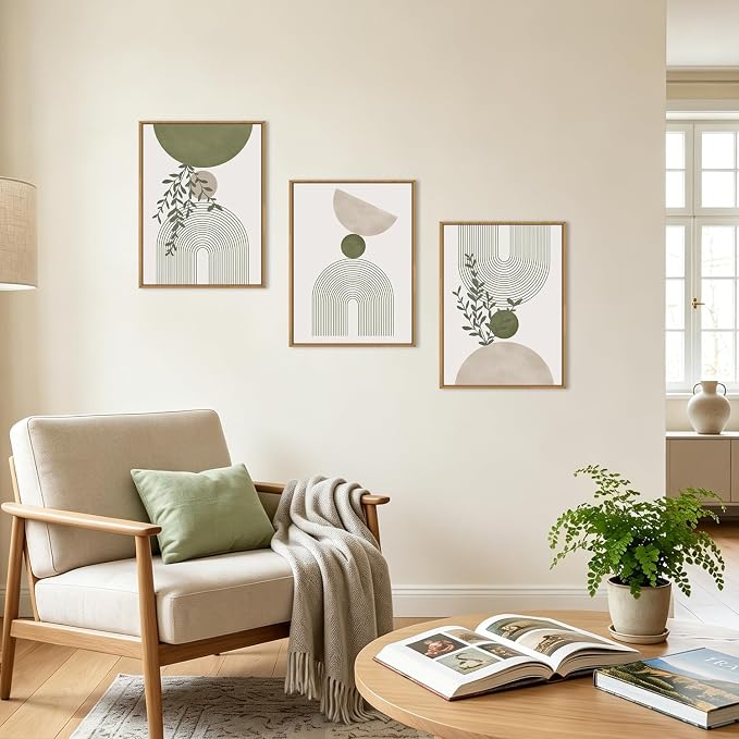 ANHUIB Boho Abstract Wall Art Canvas,Sage Green Wall Decor Framed,Geometric Line Art Prints Leaves,Minimalist Artwork Botanical,3 Piece 16x12In Beige Nature Painting for Living Room Bedroom
