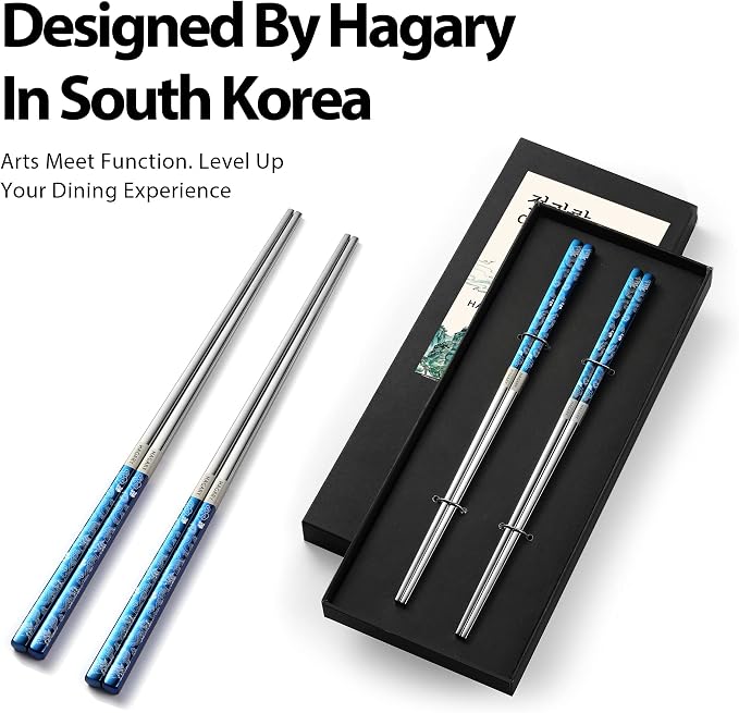 Hagary Dragon Chopsticks Metal Reusable Designed In Korea Japanese Style Stainless Steel 316 18/10 Non-Slip Dishwasher Safe Laser Etched (Blue - 2 Pairs)